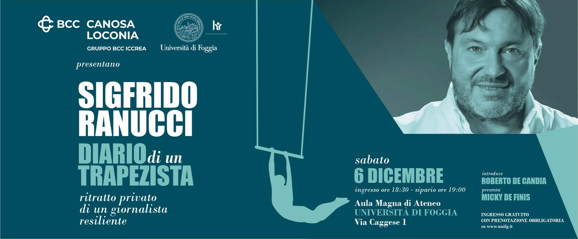 Sigfrido Ranucci ospite dell'Università di Foggia e della BCC di Canosa Loconia con lo spettacolo “Diario di un trapezista”